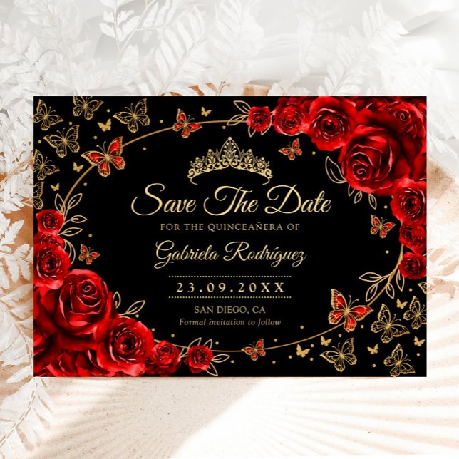 Quinceanera Black Red Roses Gold Save The Date (Creator Uploaded)