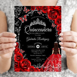 Quinceanera Black Red Silver Invitation
