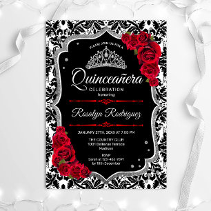 Quinceanera - Black Red Silver Invitation