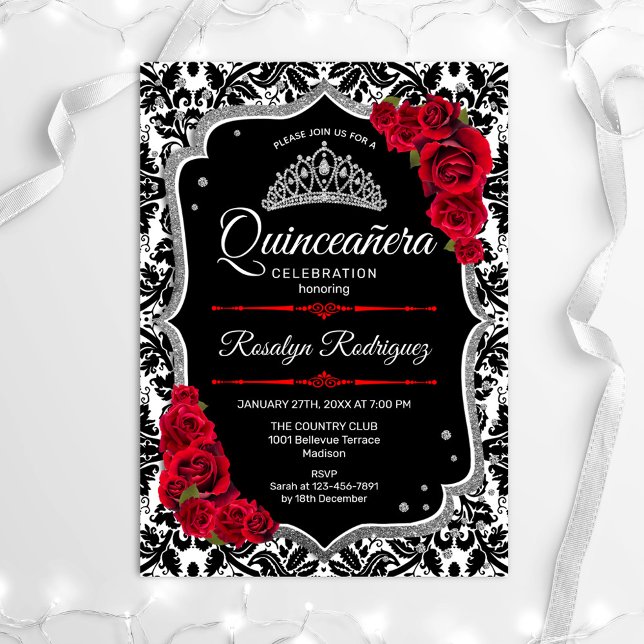 Quinceanera - Black Red Silver Invitation (Creator Uploaded)