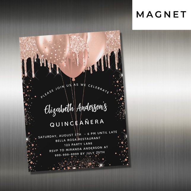 Quinceanera black rose gold ballons glitter luxury magnetic invitation (Creator Uploaded)