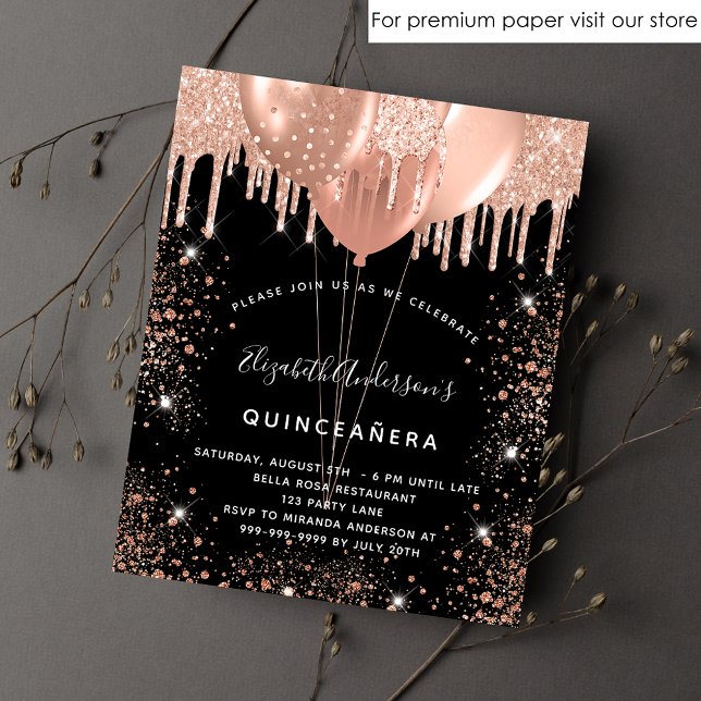 Quinceanera black rose gold balloons invitation flyer (Creator Uploaded)