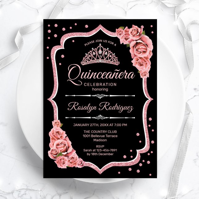 Quinceanera - Black Rose Gold Invitation (Creator Uploaded)