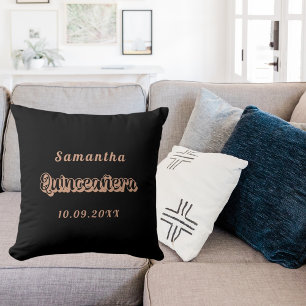 Quinceanera black rose gold name cushion