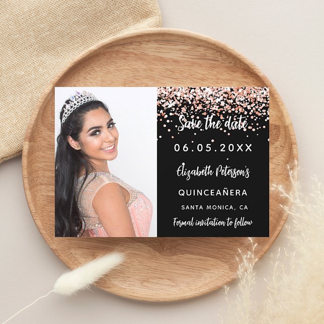 Quinceanera black rose gold photo save the date announcement postcard (Creator Uploaded)