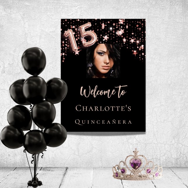 Quinceanera black rose gold photo stars welcome poster (Creator Uploaded)