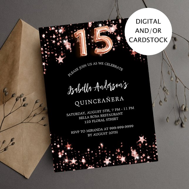 Quinceanera black rose gold stars invitation (Creator Uploaded)