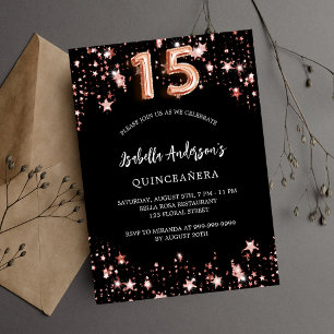 Quinceanera black rose gold stars luxury invitation
