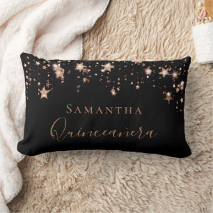 Quinceanera black rose gold stars name lumbar cushion