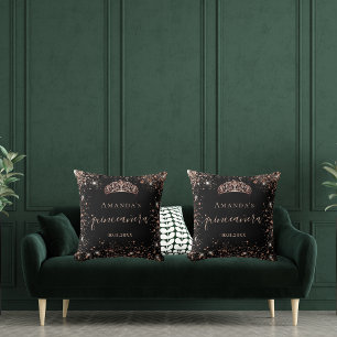 Quinceanera black rose gold tiara name script cushion