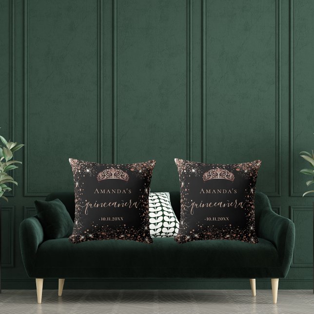 Quinceanera black rose gold tiara name script cushion (Creator Uploaded)