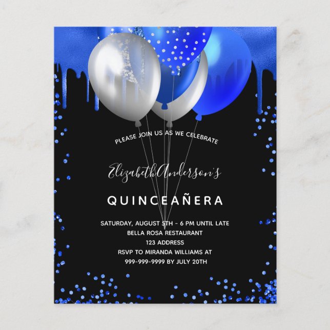 Quinceanera black royal blue budget invitation flyer (Front)