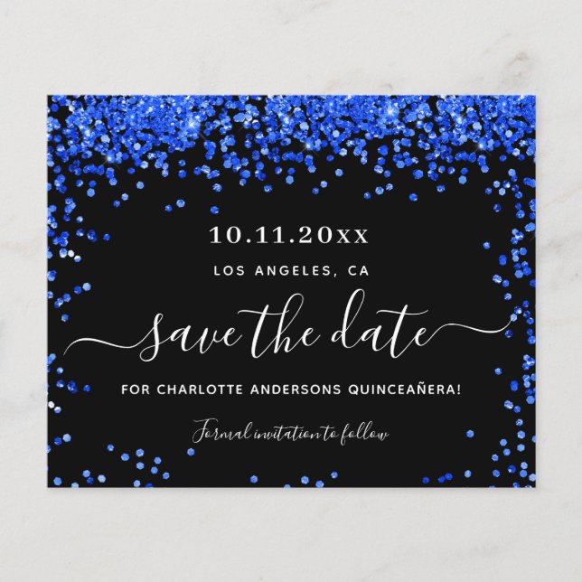 Quinceanera black royal blue budget save the date flyer (Front)