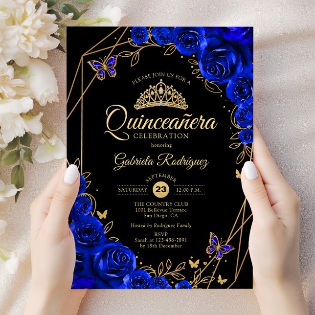 Quinceanera Black Royal Blue Gold Floral Invitation (Creator Uploaded)