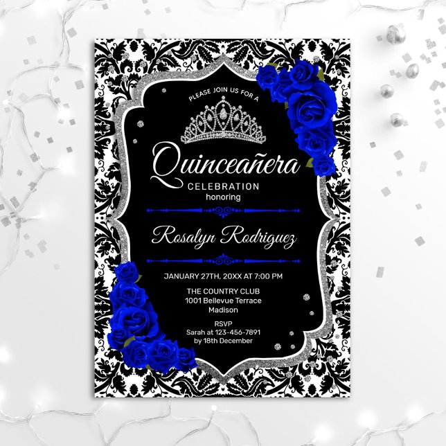 Quinceanera - Black Royal Blue Silver Invitation (Creator Uploaded)
