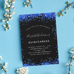 Quinceanera black royal blue sparkles party invitation