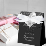 Quinceanera black silver balloons thank you favour box<br><div class="desc">Elegant,  classic,  glamourous and girly for a Quinceañera birthday party favours.  A black background,  decorated with faux glitter drips and faux silver coloured balloons. With the text: Quinceañera and Thank You written with a modern hand lettered style script.  Personalise and add a name and a date.</div>