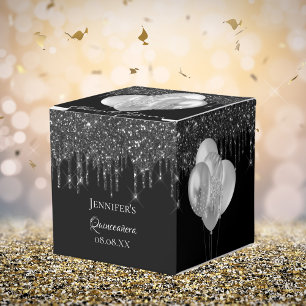 Quinceanera black silver glitter balloons favour box