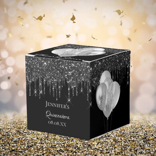 Quinceanera black silver glitter balloons favour box (Creator Uploaded)