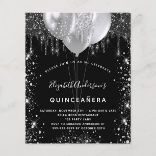 Quinceanera black silver glitter budget invitation flyer