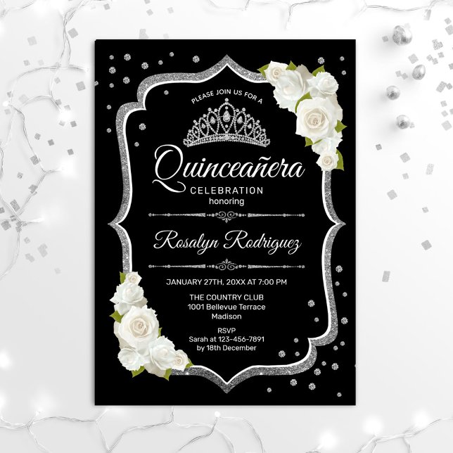 Quinceanera - Black Silver White Invitation (Creator Uploaded)