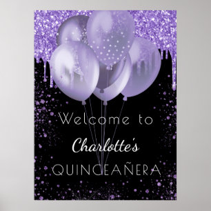 Quinceanera black violet glitter welcome balloons poster