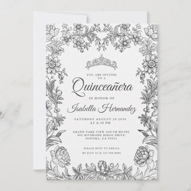 Quinceanera Black White Floral Invitation (Front)