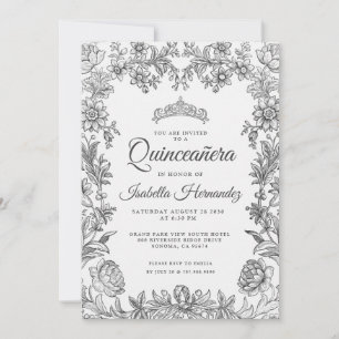 Quinceanera Black White Floral Invitation