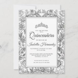 Quinceanera Black White Floral Tiara Invitation