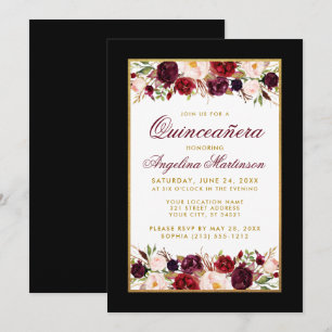 Quinceanera Black White Gold Burgundy Floral Invitation