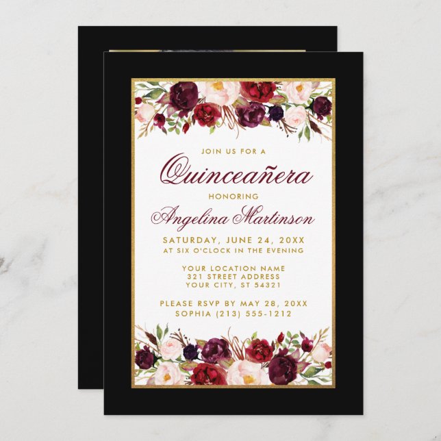 Quinceanera Black White Gold Burgundy Floral Photo Invitation (Front/Back)