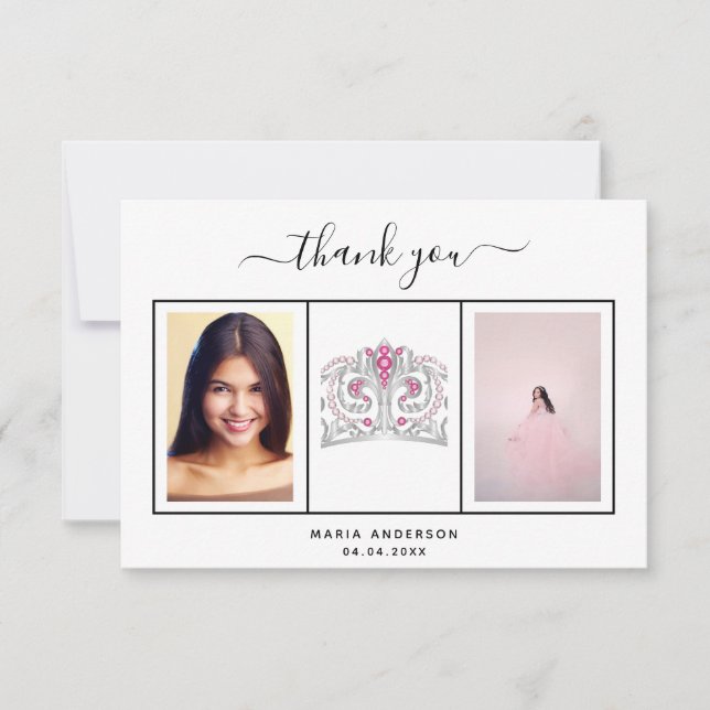 Quinceanera black white photo thank you card (Front)