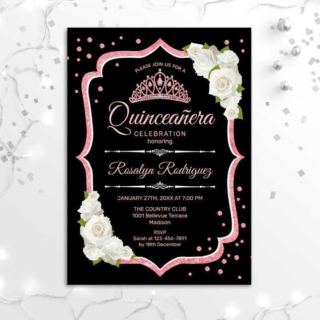 Quinceanera - Black White Rose Gold Invitation (Creator Uploaded)