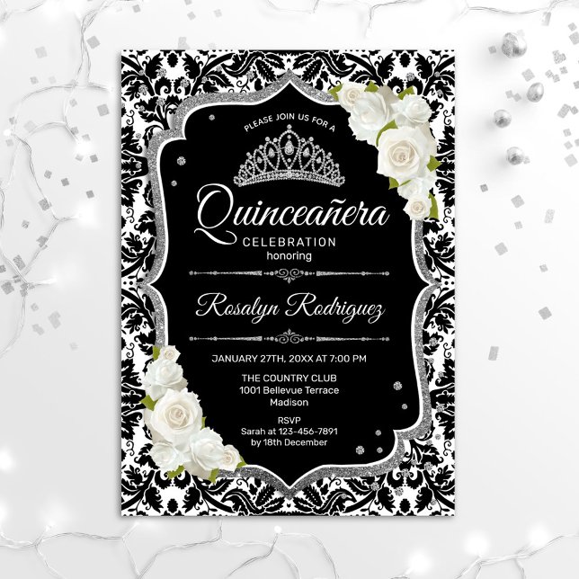 Quinceanera - Black White Silver Invitation (Creator Uploaded)