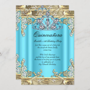 Quinceanera Blue Aqua Teal Gold 15th Birthday Invitation