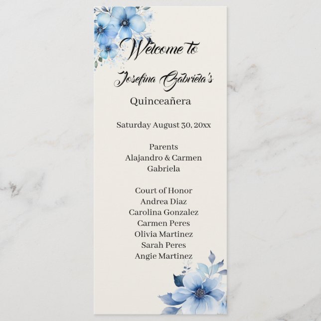 Quinceanera blue double side program card  (Front)