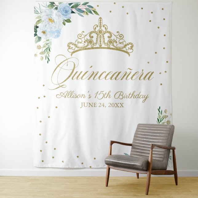 Quinceanera Blue Floral Backdrop Tapestry (In Situ)