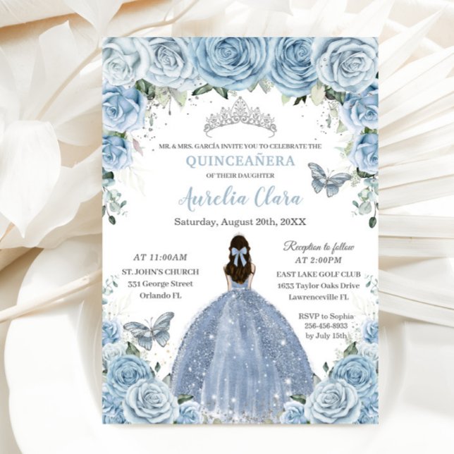 Quinceañera Blue Floral Butterflies Silver Tiara  Invitation (Creator Uploaded)
