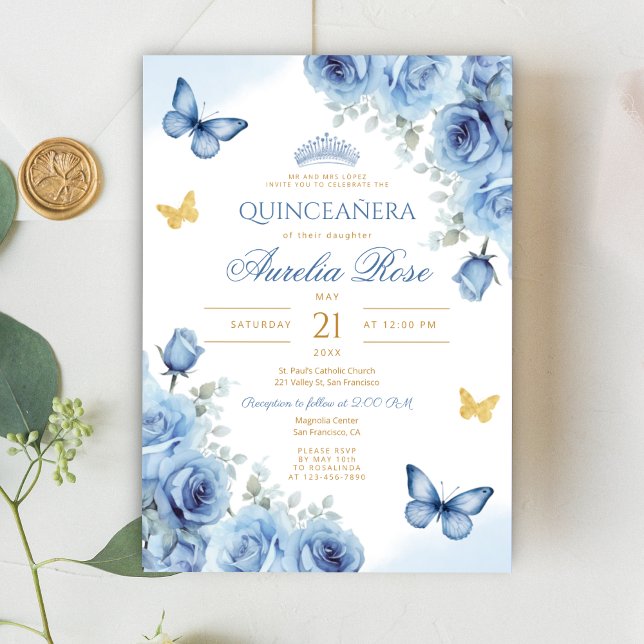 Quinceañera Blue Floral Gold Butterfly Tiara Invitation (Creator Uploaded)