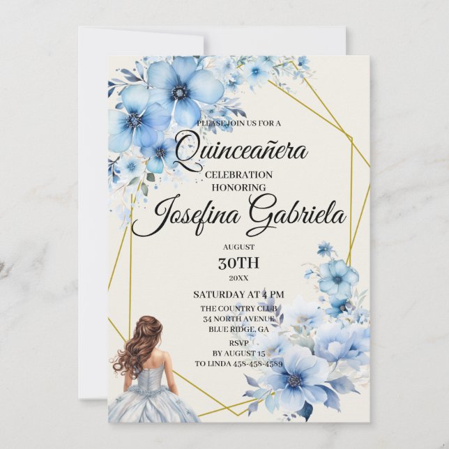 Quinceañera blue floral Invitation (Front)
