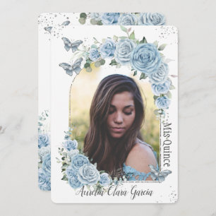 Quinceañera Blue Floral Princess Butterflies Photo Invitation