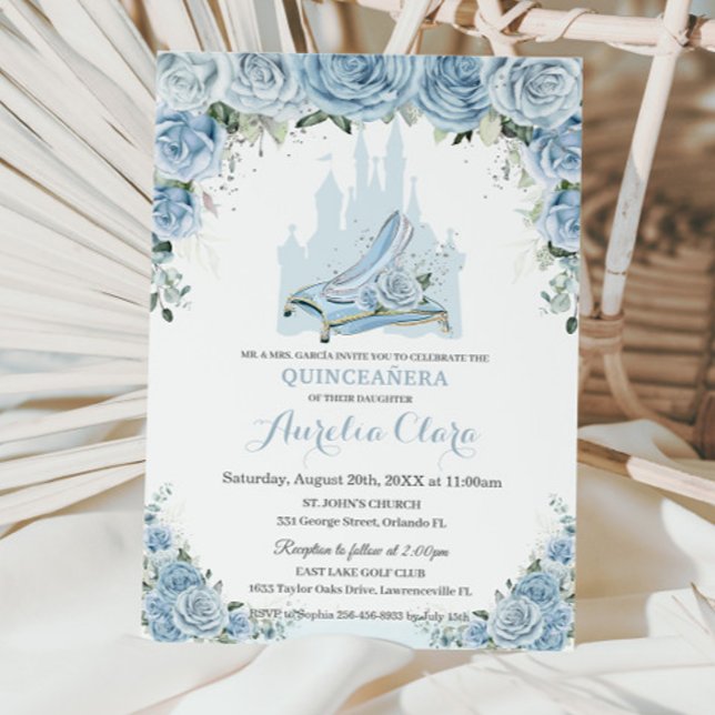 Quinceañera Blue Floral Princess Castle Glass Shoe Invitation (Creator Uploaded)