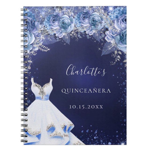 Quinceanera blue glitter dress floral guest book (Front)