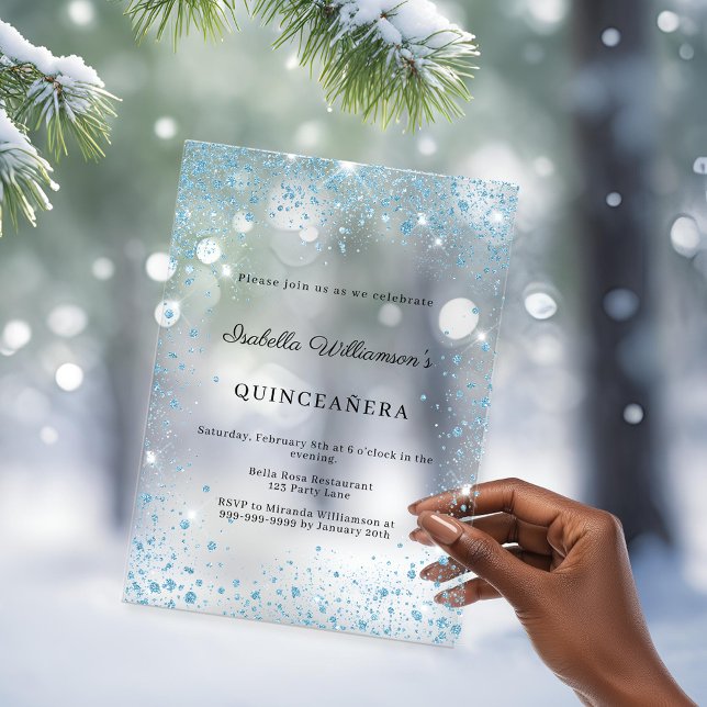 Quinceanera blue glitter winter party frosted acrylic invitations (Creator Uploaded)