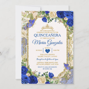 Quinceañera Blue & Gold Crown Mexican Butterfly Invitation