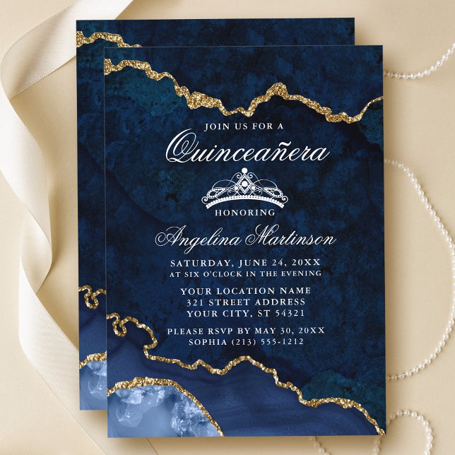 Quinceanera Blue Gold Marble Agate Geode Invitation (Customize to add text or photos to back of card.)