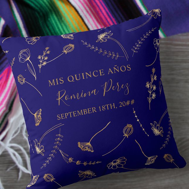 Quinceanera Blue Gold Wildflower Mis Quince Anos Cushion (Creator Uploaded)