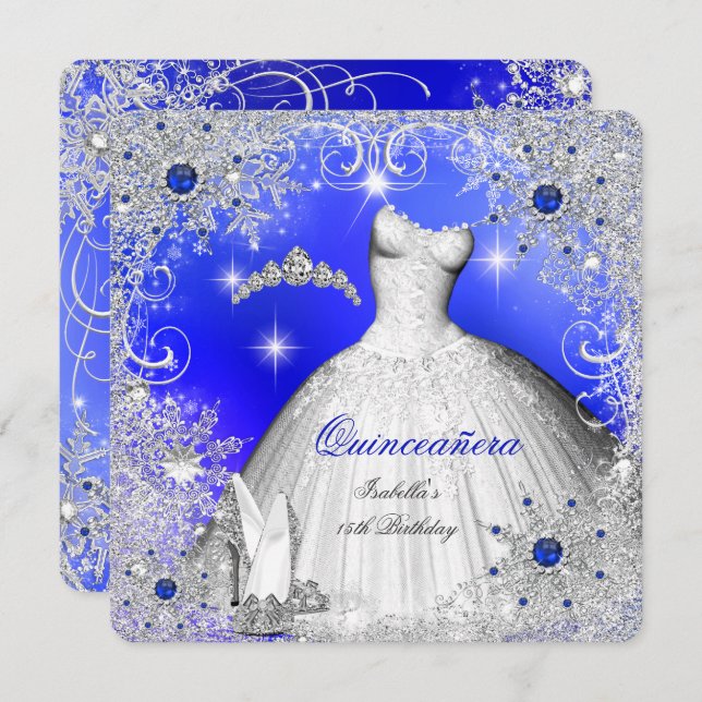 Quinceanera Blue Pearl Silver Winter Snowflakes Invitation (Front/Back)