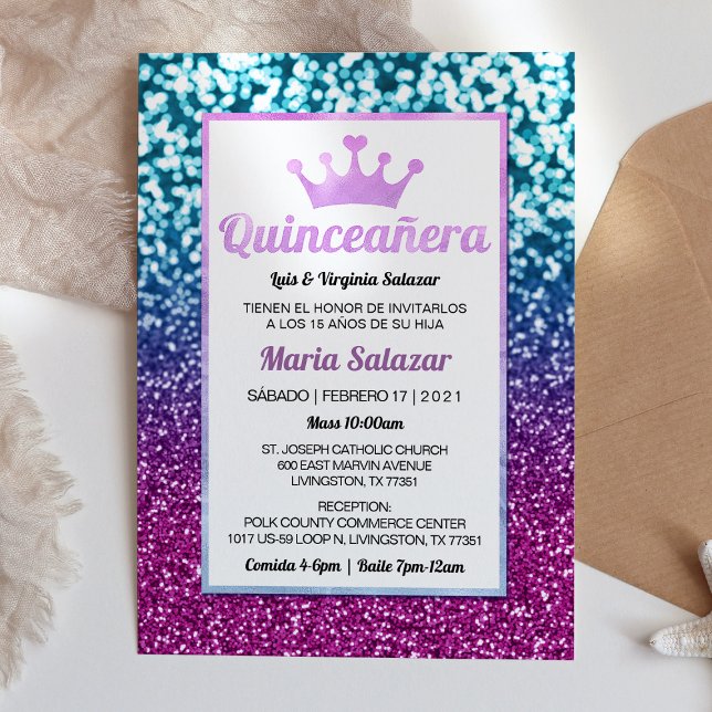 Quinceañera Blue Purple Elegant Spanish Invitation (Creator Uploaded)
