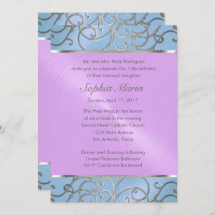 Quinceanera Blue Purple Silver Filigree Swirls Invitation